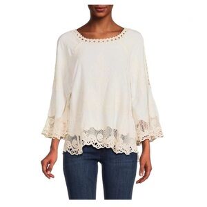 Democracy Cream Bell Sleeve Blouse with Embellished Neckline M